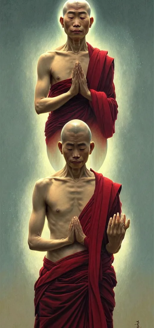 Image similar to ultra realistic illustration, a serene buddhist monk experiencing ego death, intricate, elegant, highly detailed, digital painting, artstation, concept art, smooth, sharp focus, illustration, art by artgerm and greg rutkowski and alphonse mucha, by rene magritte, surrealism!!!