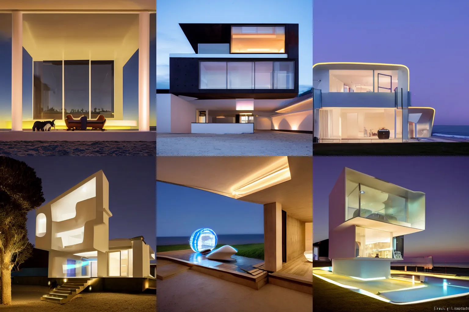 Prompt: portrait of a house of the future in mar del plata, in front of the sea, cinematic ilumination,