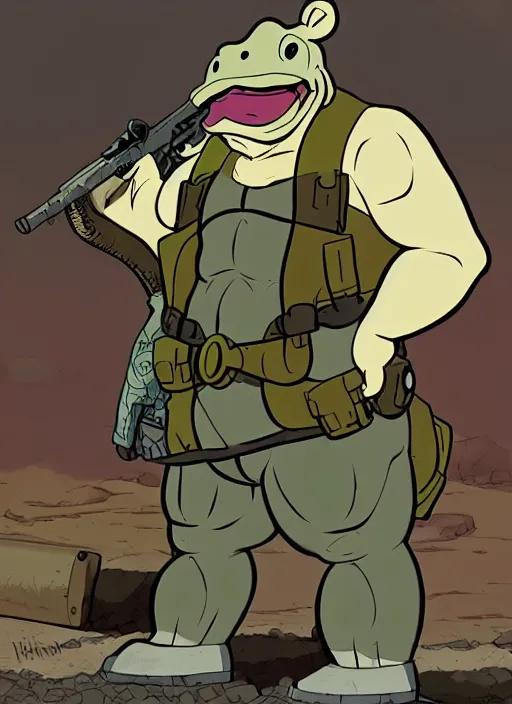 Image similar to an anthropomorphic hippopotamus dressed as solid snake, in a post-apocalyptic wasteland, illustration in the style of Don Bluth, ralph bakshi, Peter Laird, Jamie Hewlett