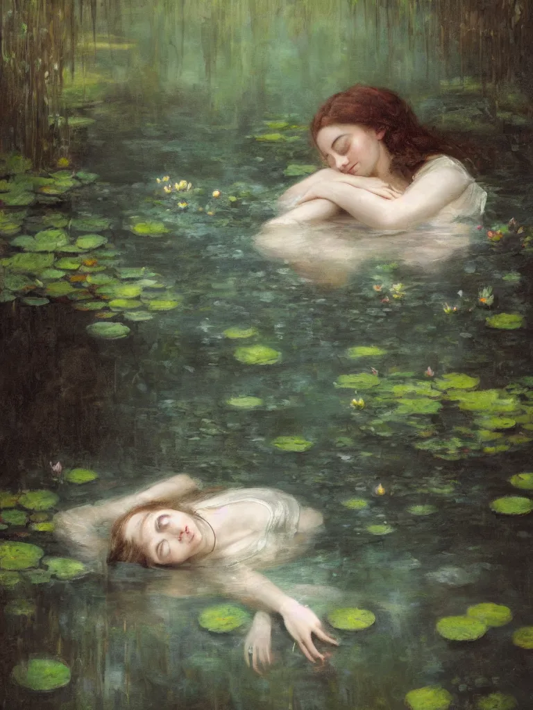 Image similar to detailed cinematic moody colors studio portrait of a victorian young lady sleeping in a victorian pond, water lilies, ofelia inspired high quality by jeremy mann, only one head single portrait