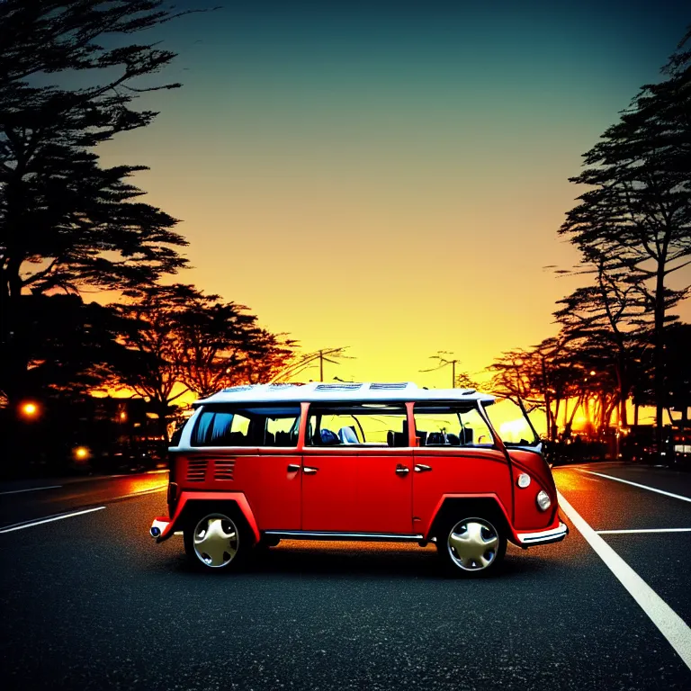 Image similar to close-up-photo VW beech buggy middle of street, sunset kanagawa prefecture, night, cinematic color, photorealistic, highly detailed,