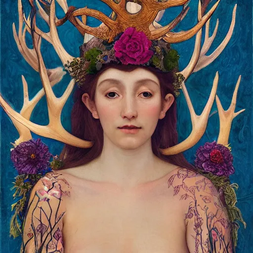 Image similar to queen of the forest wearing an antler crown, by Annie Swynnerton and Nicholas Roerich and (((Tino Rodriguez))), embroidered robes, floral tattoos, bioluminescent skin!, elaborate costume, geometric ornament, symbolist, soft colors, dramatic lighting, smooth, sharp focus, extremely detailed