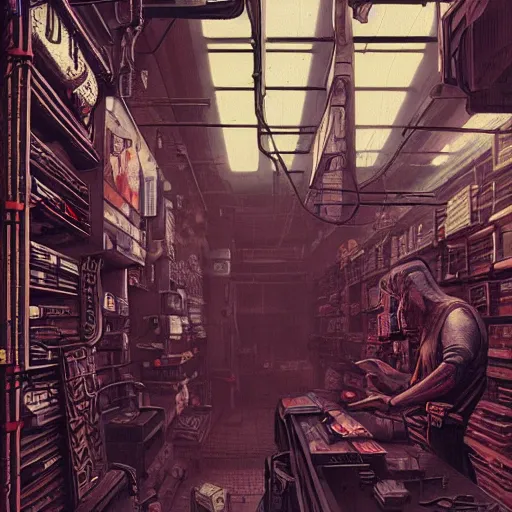 Image similar to cyberpunk merchant in their shop, Industrial Scifi, detailed illustration, Chiaroscuro, concept art, blade runner 2049, by Martin Grip and Moebius