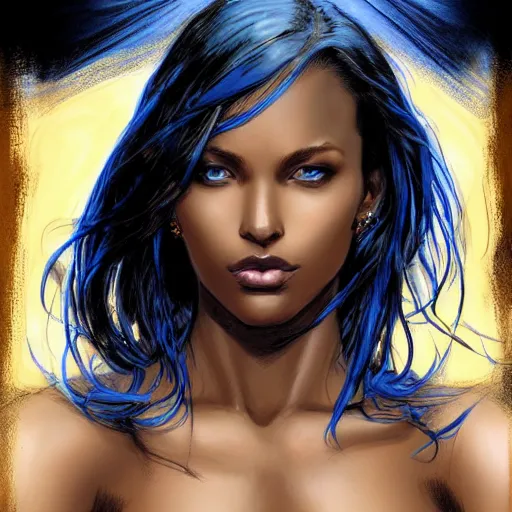 Prompt: closeup on the all blue colored eyes of a beautiful brown - skin woman, intricate, elegant, highly detailed, smooth, sharp focus, full body, detailed face, high contrast, art by ardian syaf,