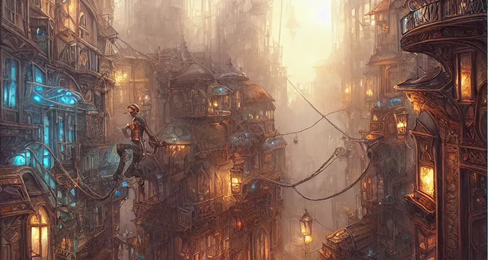 Prompt: landscape painting of fantasy metal steampunk city that has a light blue glow with walkways and lit windows with a hooded thief in brown leather climbing a building using a rope, fine details, magali villeneuve, artgerm, rutkowski