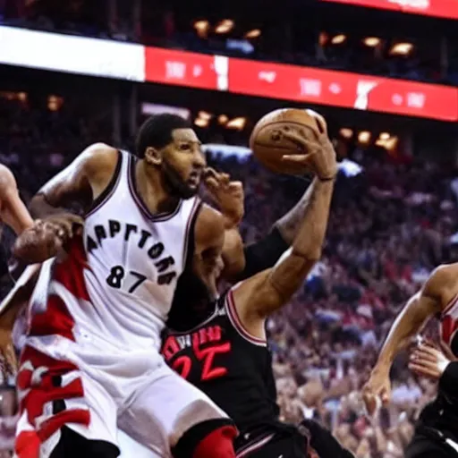 Prompt: The Toronto Raptors where every player is a velociraptor, photo, ESPN, 8k