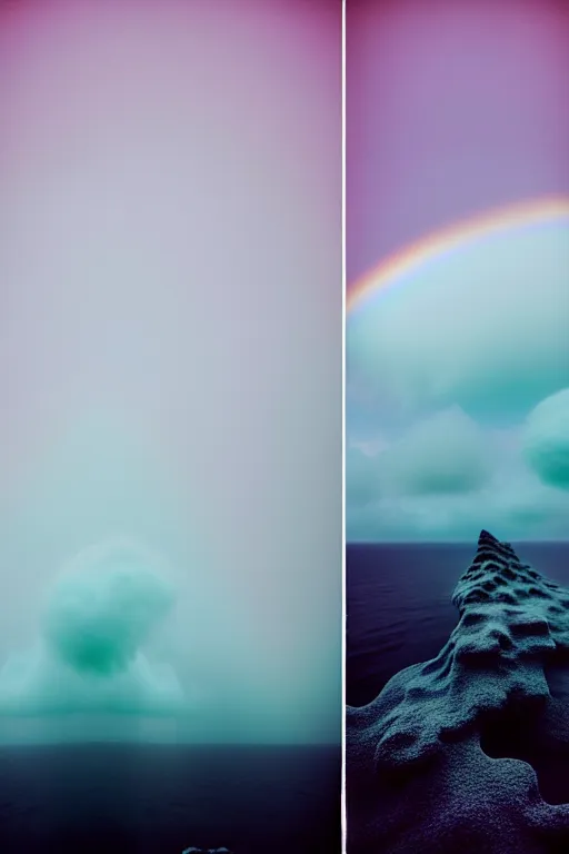 Image similar to high quality pastel coloured film close up wide angle photograph of a model wearing clothing swimming on cloud furniture in a icelandic black rock!! environment in a partially haze filled dreamstate world. three point light, rainbow. photographic production. art directed. pastel colours. volumetric clouds. pastel gradient overlay. waves glitch artefacts. extreme facial clarity. 8 k. filmic.