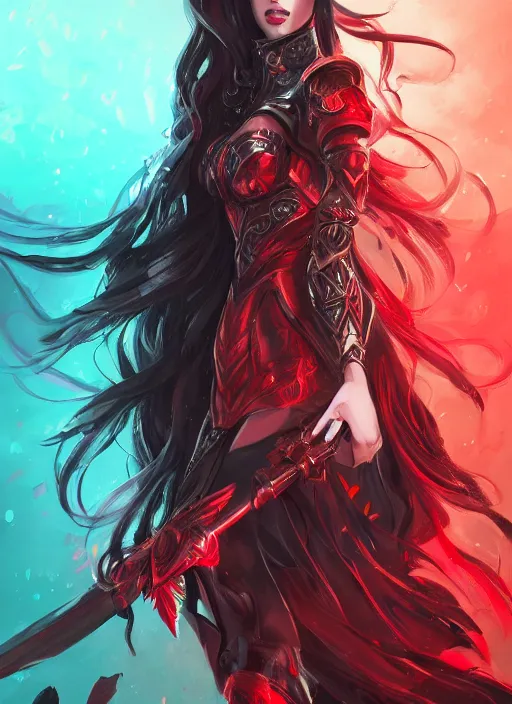 Image similar to a highly detailed illustration of elegant long black haired woman wearing red and black battle dress, heroically posing, with rainbow magic surrounding her, intricate, elegant, highly detailed, centered, digital painting, artstation, concept art, smooth, sharp focus, league of legends concept art, WLOP