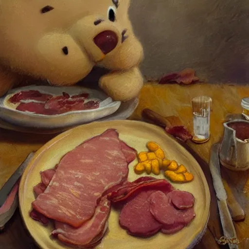 Image similar to close up of winnie the pooh with a plate of sausage and bacon and ham hock, cinematographic shot, by daniel f. gerhartz