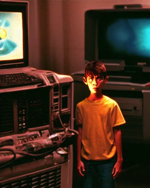 Prompt: 8k professional photo of an 8 years old enlightened and scared boy standing in front of an old computer from 90s with a game doom2 at the monitor screen, still from a movie by Gaspar Noe and James Cameron