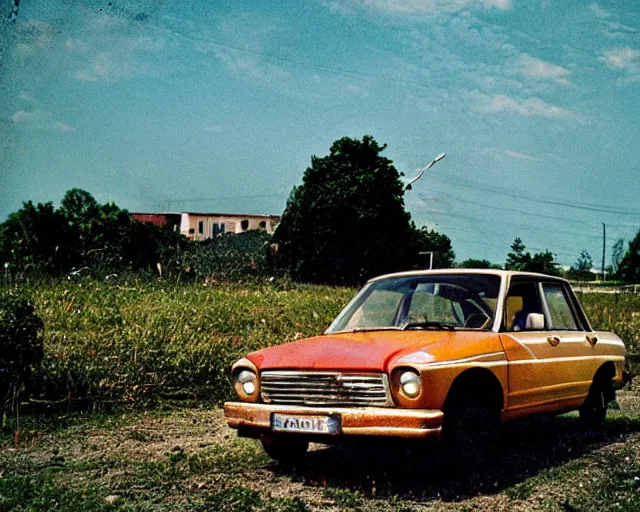 Image similar to a lomographic photo of old lada 2 1 0 7 standing in typical soviet yard in small town, hrushevka on background, cinestill, bokeh