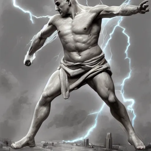 Image similar to benjamin netanyahu as a greek god of lightning, shooting lightning bolts from hands, highly detailed, ultra clear, by artgerm and greg rutkowski