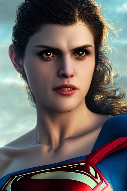 Image similar to a fancy close up of Man of Steel cast as Alexandra Daddario by Greg Rutkowski, Sung Choi, Mitchell Mohrhauser, Maciej Kuciara, Johnson Ting, Maxim Verehin, Peter Konig, 8k photorealistic, cinematic lighting, HD, high details, dramatic, trending on artstation, full body shot