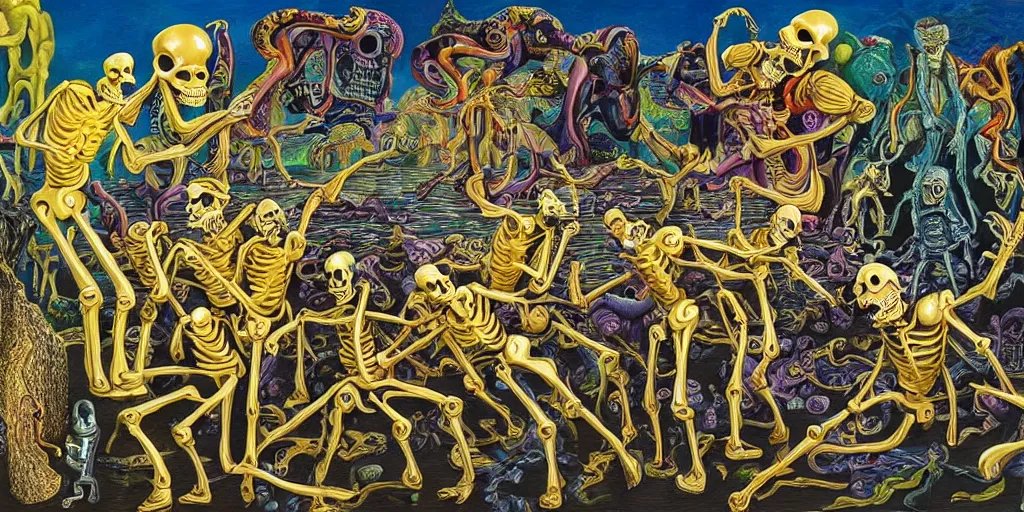 Image similar to Action scene from the film ghost in the machine with skeletons dancing in front of a waterfall, imaginary animals, golden hour, backlit by an alien planet, sharp focus, psychedelic manga, gauche on paper by salvidor dali, abstract oil painting by Raqib Shaw, MC Escher illustration