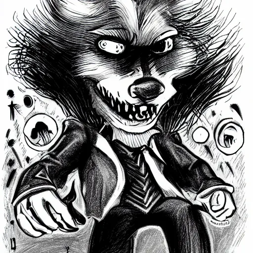 Prompt: a Pop Wonder scary horror themed goofy-hilarious-character Beethoven-werewolf-vampire, dime-store-comic drawn with charcoal and pen and ink, half-tone-line-stacking