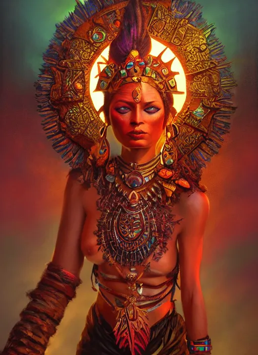 Image similar to aztec sun goddess, vivid colors, dark shadows, contrast, concept art, sharp focus, digital art, Hyper-realistic, 4K, Unreal Engine, Highly Detailed, Dramatic Lighting, Beautiful, by Brom, bastien lecouffe-deharme