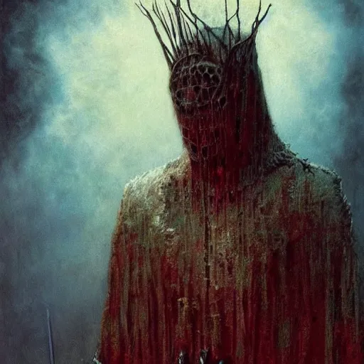 Image similar to Nicolas Cage as god of chaos in a hood dark fantasy, intricate, smooth, artstation, painted by zdislav beksinski