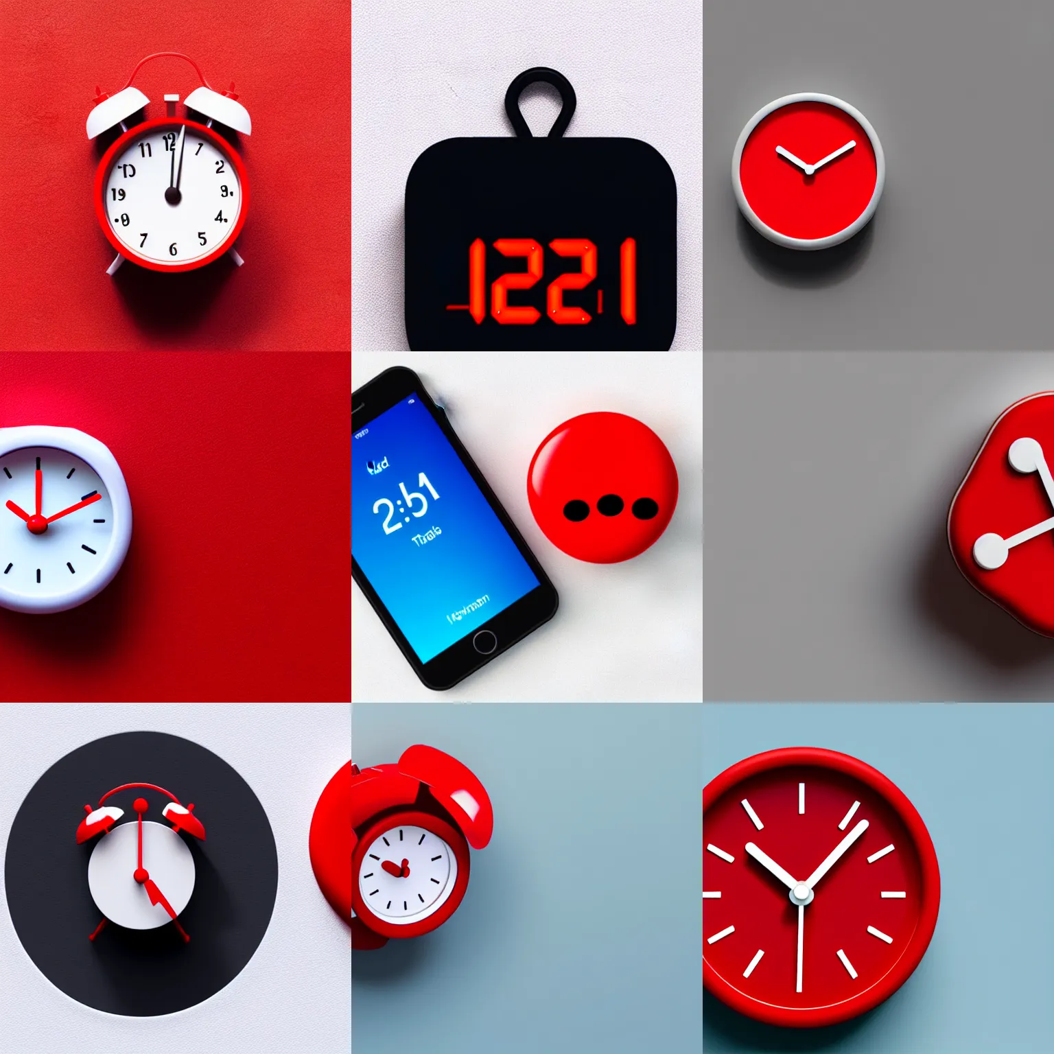 Prompt: Very tiny red alarm clock on a flat 2D white background that looks like the iOS emoji, 3D clay render, 4k UHD, isometric top down left view, diffuse lighting, zoomed out very far