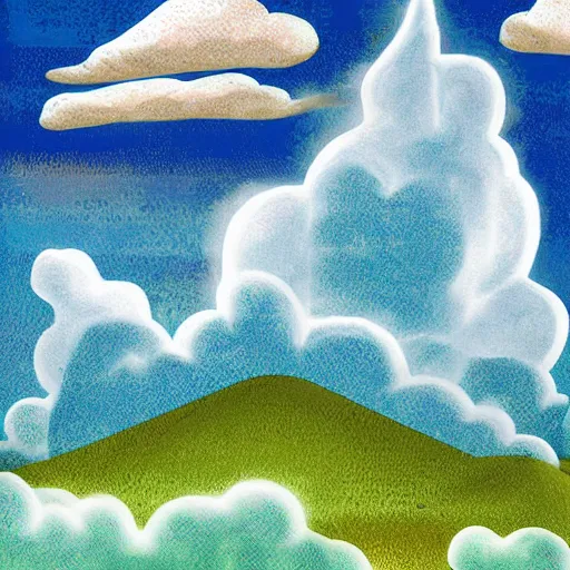 Prompt: impressive towering cumulonimbus clouds against a blue sky, multi coloured digital art