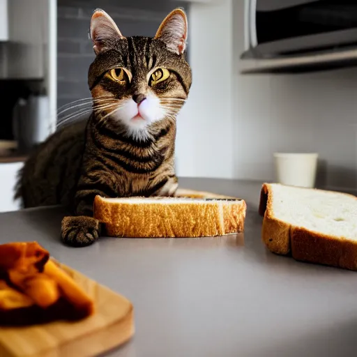 Prompt: an anthropomorphic cat makes a ham sandwich in a kitchen, 85mm f1.8