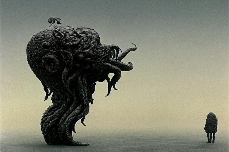 Image similar to Cthulhu on lunar horizon by Zdzislaw Beksinski, photorealistic, medium plastic and metal, steel