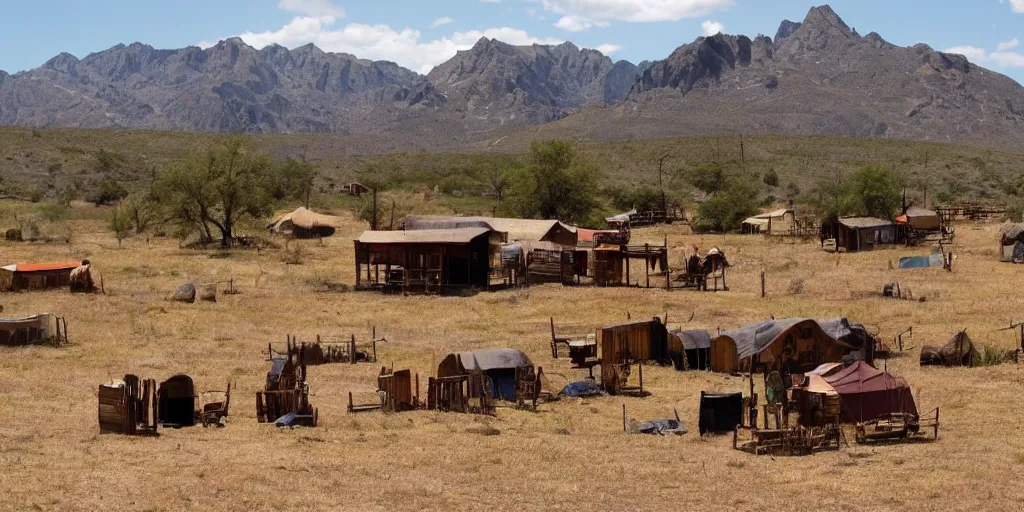 Image similar to a wild west scenery, camps in the background