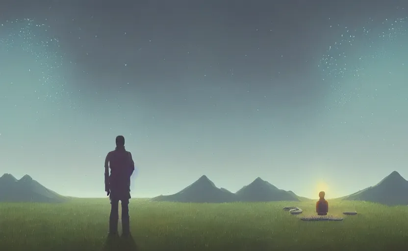 Image similar to a moment of introspection, fantasy, simple, serence, beautiful, meditation, calm, blue by simon stalenhag