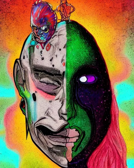 Prompt: a color grunge drawing of a pleiadean extraterrestrial, in the style of ryan hewett and a quentin tarantino character, biometric, loony toons style, horror themed, detailed, elegant, intricate, trending on artstation, 4 k