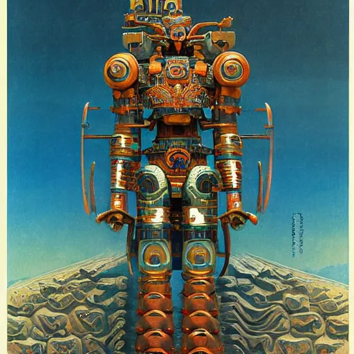 Image similar to elaborate mayan art deco mecha by j. c. leyendecker, barlowe, makoto kobayashi, and beksinski