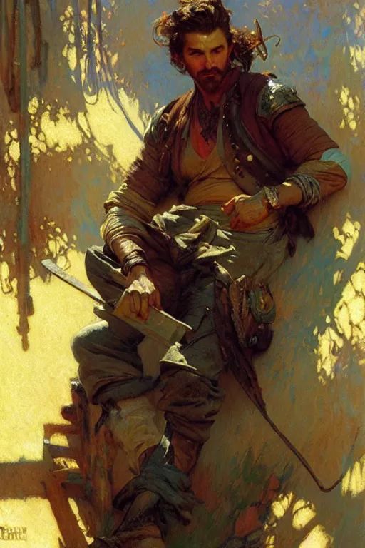 Image similar to attractive man, blacksmith, cool colors, painting by gaston bussiere, craig mullins, greg rutkowski, alphonse mucha