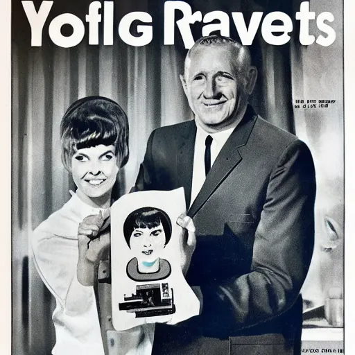 Image similar to 1 9 6 6 magazine ad with young lady holding a diy hf transceiver and surprised middle - aged man next to her, orwocolor