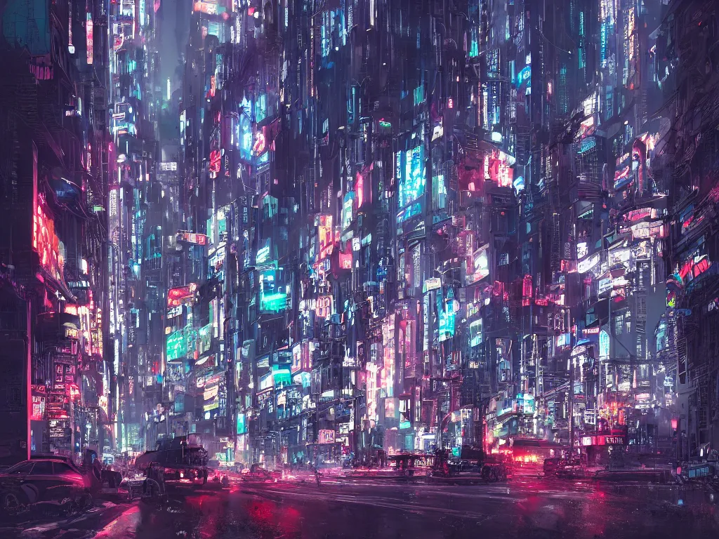 Image similar to a cinematic busy cyberpunk street in a mega city, large mega corp buildings dominate the skyline at dusk, cyberpunk art by liam wong, cgsociety, retrofuturism, futuristic, cityscape, dystopian art