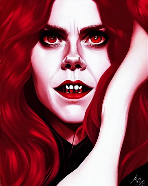 Image similar to vampire : : rafeal albuquerque comic art, artgerm : : gorgeous amy adams : : sharp teeth, open mouth sneer : : symmetrical face, symmetrical eyes : : gorgeous red hair : : magic lighting, low spacial lighting : :