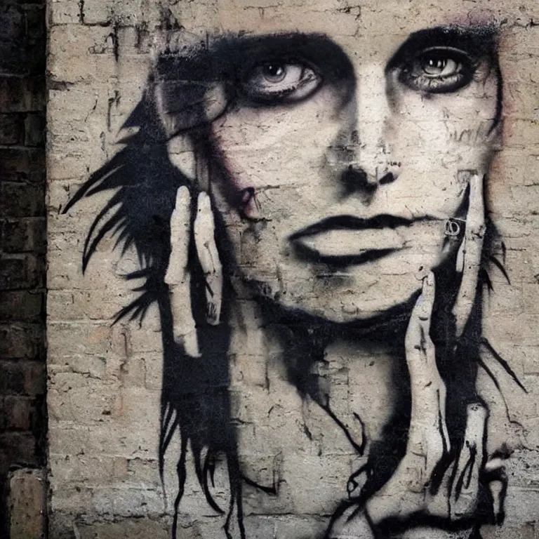 Prompt: Street-art portrait of The Girl with the Dragon Tattoo in style of Banksy, photorealism