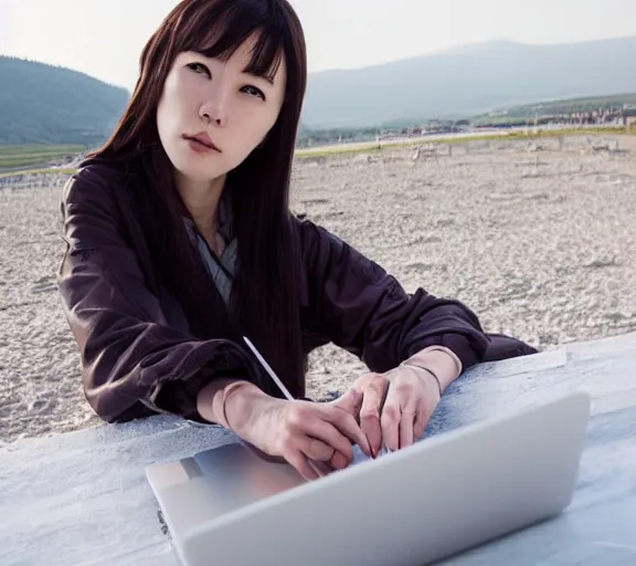 Image similar to Lee Jin-Eun hacking a laptop at Pamukkale by Martine Johanna, rule of thirds, seductive look, beautiful