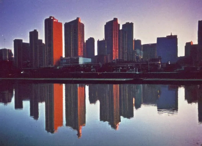 Image similar to retro color photo of a city skyline in the 8 0's. reflections in the water. boats in the water