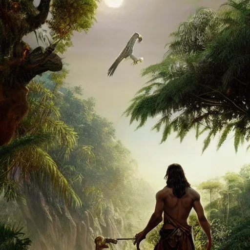 Image similar to a detailed matte painting of a ridiculously good looking jesus who is exploring the prehistoric jungle with his pet falcon, elegant ancient greek dress, jungle as the background, very detailed, beautiful, intricate, art by greg rutkowski and robert e howard, octane render