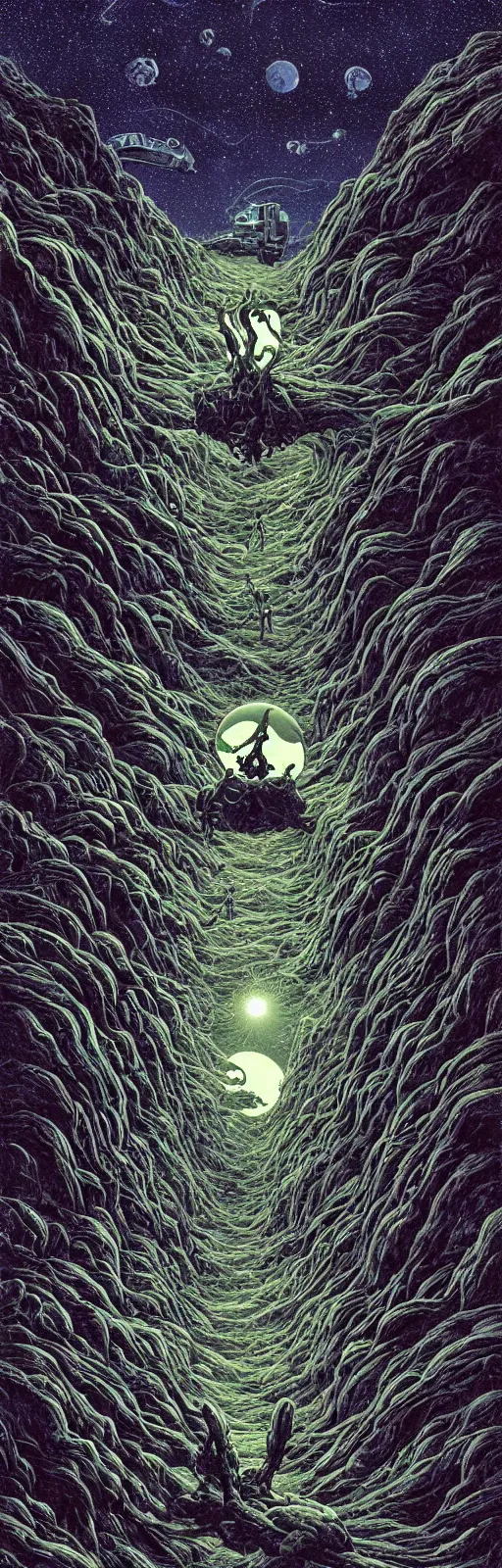 Prompt: long organic alien weird David cronenberg rocket train mountain starry moonlit night sky H.R. Giger, Charles Vess, Gilbert Williams amazing landscape digital art 4k