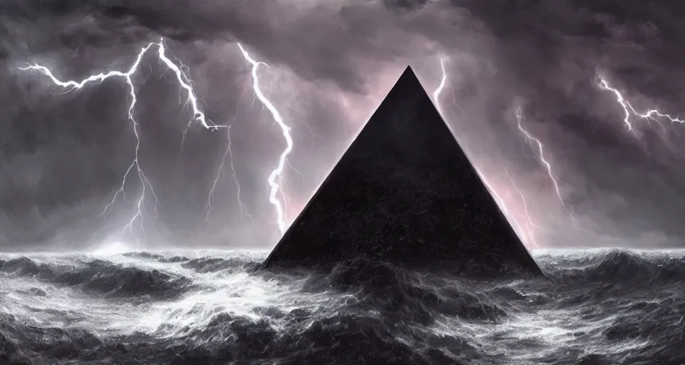 Prompt: black lovecraftian eldritch!! obsidian pyramid!! on a snowy island surrounded by raging stormy seas by eugene von guerard, ivan shishkin, night, red lightning!!, storm, dramatic lighting, concept art, trending on artstation, 8 k