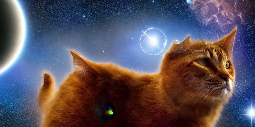 Prompt: a giant cat meowing at the earth planet, scifi, artstation, cosmos exploration, realistic photo, 4 k, photo by nasa, hubble telescope