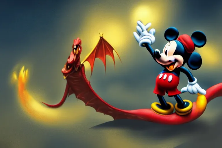 Image similar to mickey mouse riding a dragon, concept art. artstation. digital render. hdr, high dynamic range, global illumination, realistic, 8 k