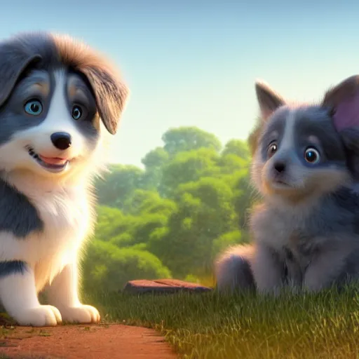 Image similar to a wholesome animation key shot of a gray australian shepherd puppy, studio ghibli, pixar and disney animation, sharp, rendered in unreal engine 5, anime key art by greg rutkowski, bloom, dramatic lighting