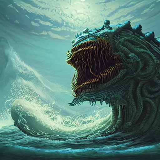 Image similar to sea beast of the depths in the style of michael whelan and h. p. lovecraft. hyperdetailed photorealism by greg rutkowski