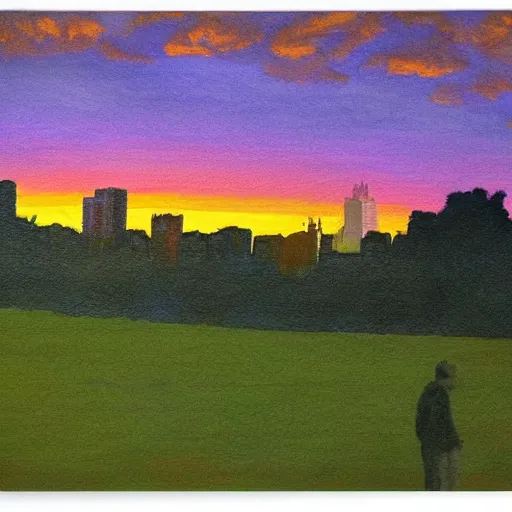 Prompt: pittsburgh, distant, sunset, trees, looking down, art by tom hammick