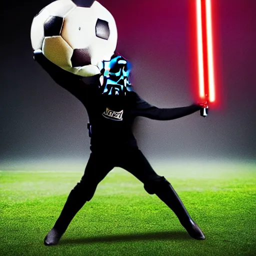 Prompt: professional shot from a game of soccer with darth vader kicking the ball, highly detailed, extremely high quality, hd, 4 k, 8 k, canon 3 0 0 mm, professional photographer, 4 0 mp, lifelike, top - rated, award winning, realistic, detailed lighting, detailed shadows, sharp, no blur, edited, corrected, trending