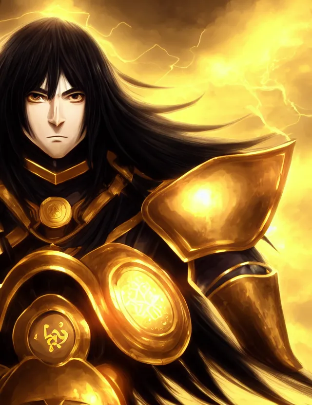 Prompt: a detailed manga portrait of a black haired man with hazel eyes in gleaming golden armour with arcane energy symbols in air around him, trending on artstation, digital art, 4 k resolution, detailed, high quality, sharp focus, hq artwork, coherent, insane detail, character portrait