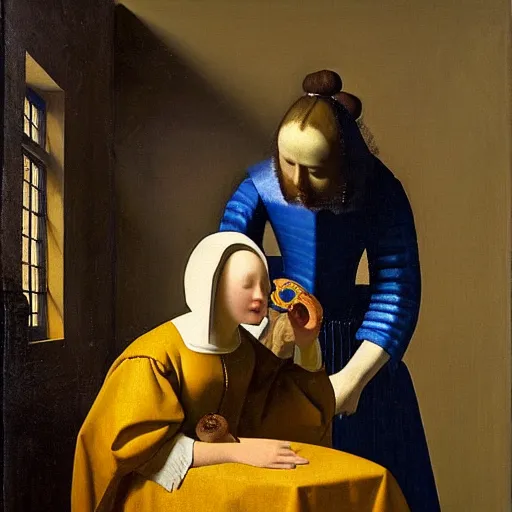 Prompt: Oil painting of an artificially-intelligent android examining an ammonite fossil in the style of The Astronomer by Johannes Vermeer, 1666, highly detailed