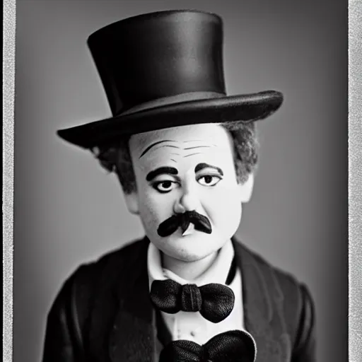 Image similar to black and white mugshot of a male doll, bill murray, he is wearing a top hat, wearing bandit mask, bow tie bandit