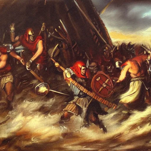Image similar to Attacking vikings running against the camera, oil painting