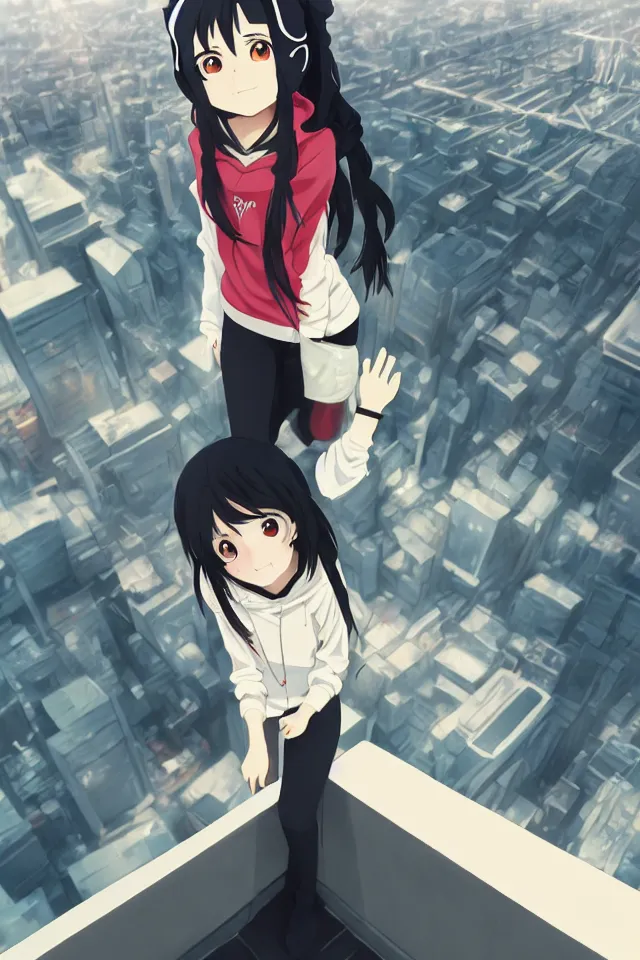 Image similar to anime visual, portrait of a young black haired girl wearing hoodie sightseeing above the city, guardrail, cute face by yoh yoshinari, katsura masakazu, dramatic lighting, dynamic pose, dynamic perspective, strong silhouette, ilya kuvshinov, anime cels, rounded eyes, moody